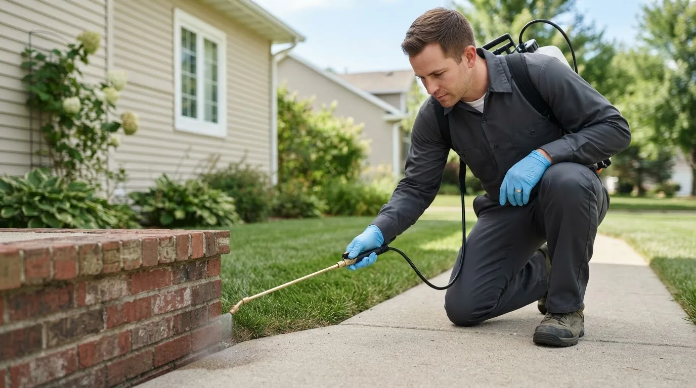 Pest control technician treating a home near Albert, OK