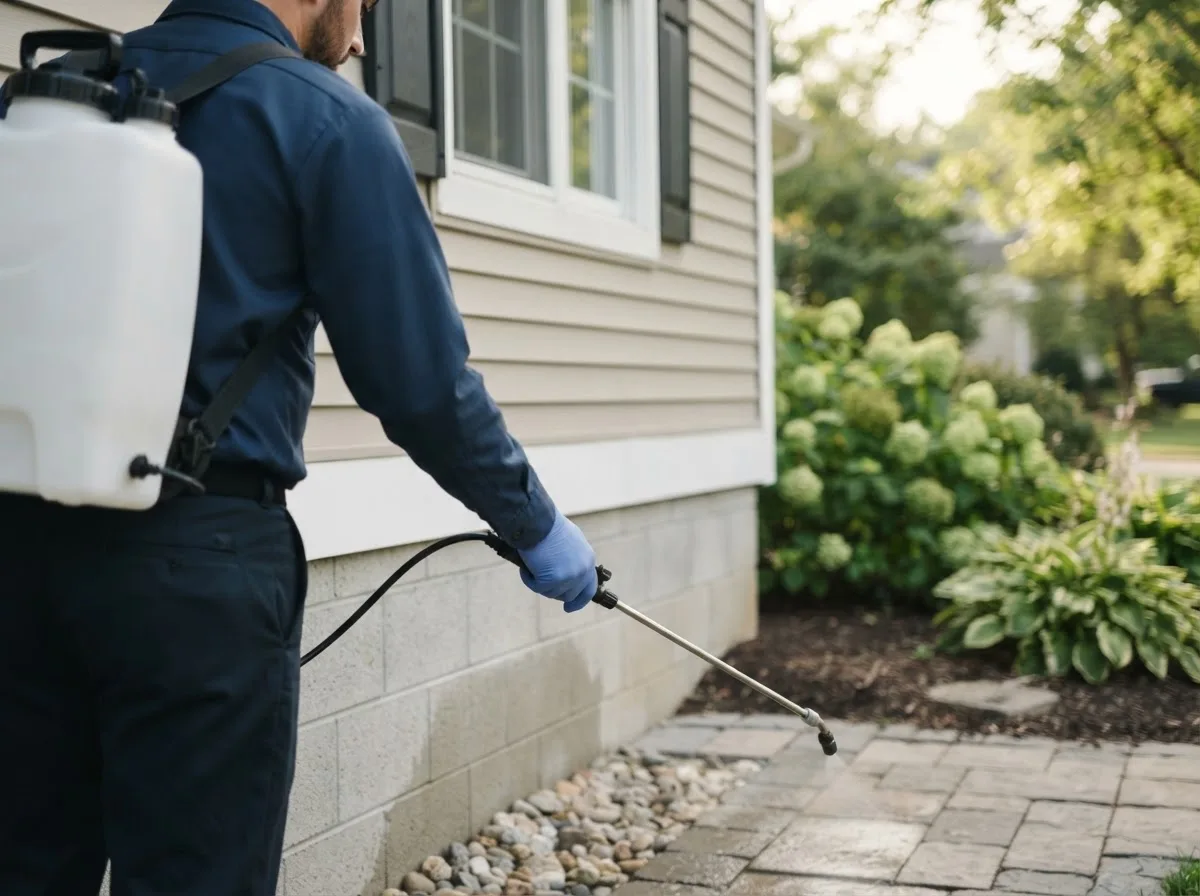 Pest control technician inspecting a home in Albert, OK